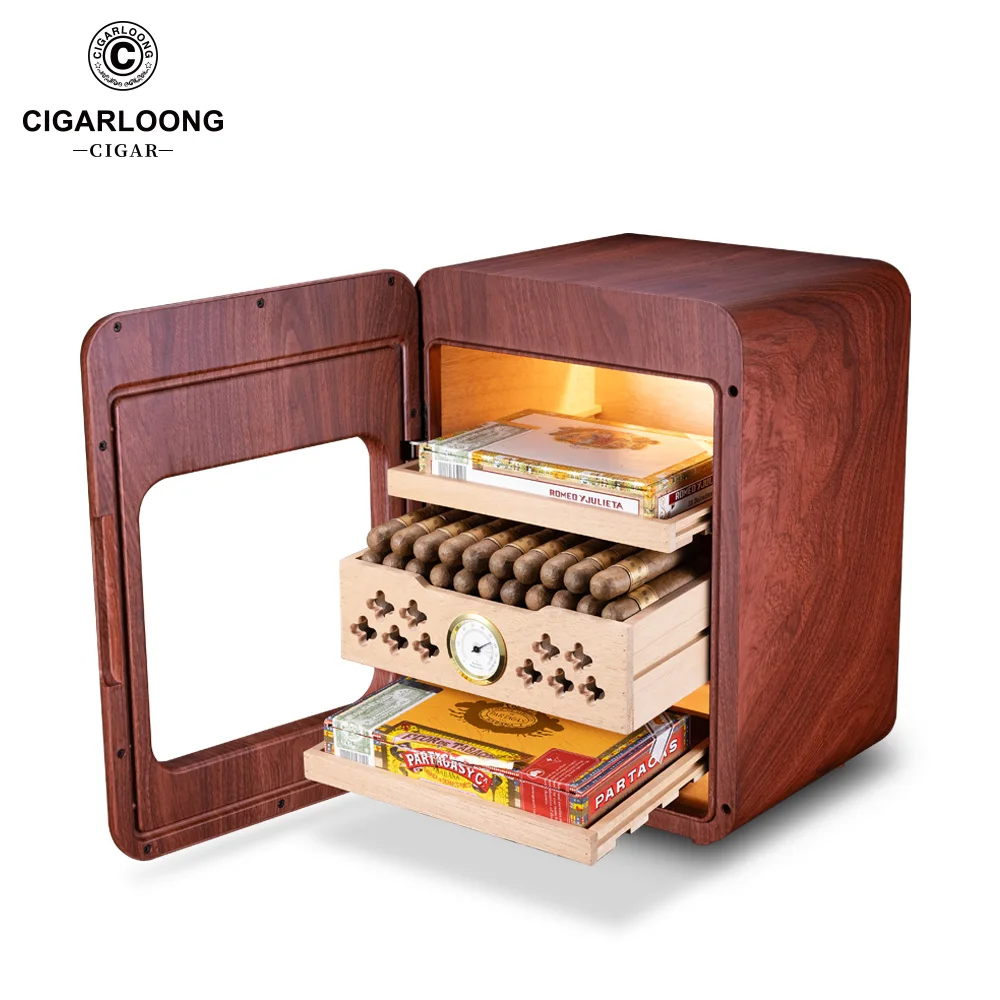 Luxury Cigar Humidor Cabinet Led Light Hygrometer Humidifier Cedar Wood Shelves Storage Large Capacity Fit 200 Cigars CA-24IP2