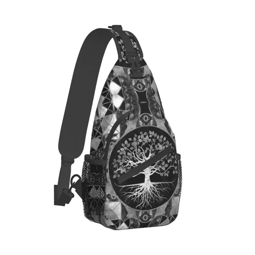 Tree Of Life Gray Scale Gemstone Sling Bag Men Cool Vikings Yggdrasil Shoulder Crossbody Chest Backpack Travel Hiking Daypack