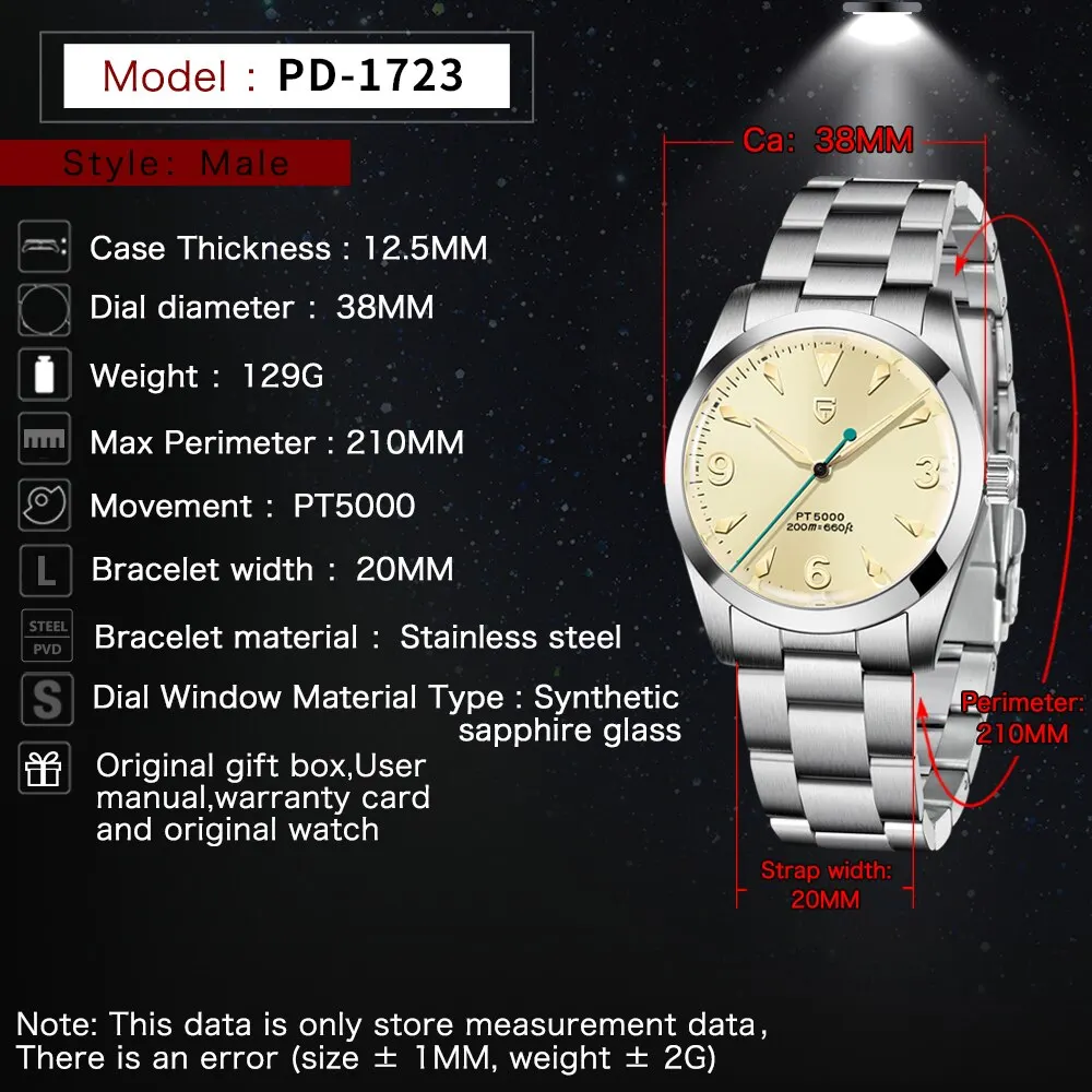 2022 New 36MM PAGANI Design PT5000 Men Retro Mechanical Watch Luxury Stainless Steel AR Sapphire 200m Waterproof Watch for Men