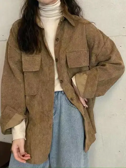 موضة جديدة ريترو تنوعا معطف واحد الصدر طوق سروال قصير قميص طويل الأكمام المرأة الأعلى #2