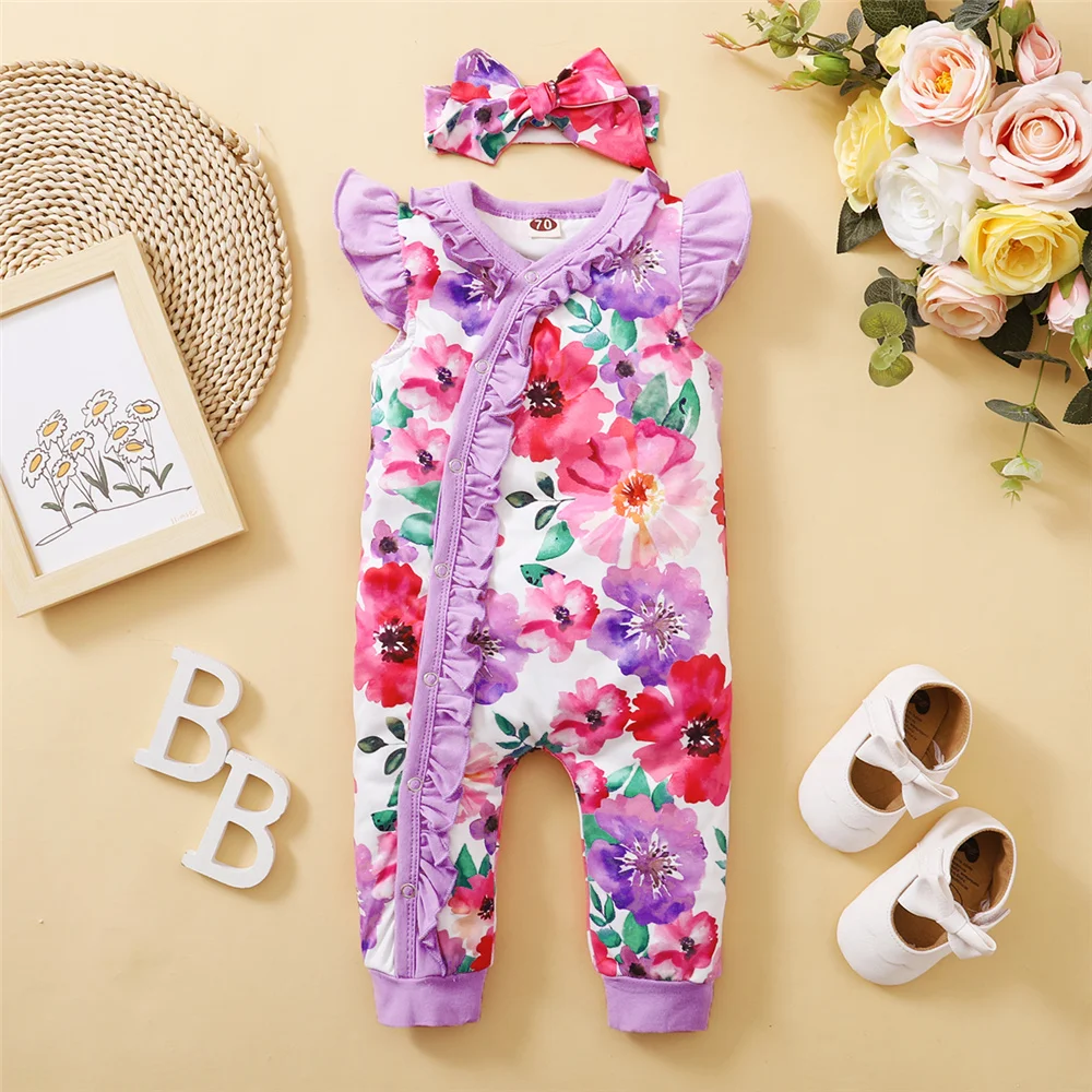 Baby Girl Bodysuit Beautiful Floral Ruffle Romper + Headband New Born Baby Romper Toddler Girl Clothes Summer Fashion Jumpsuit