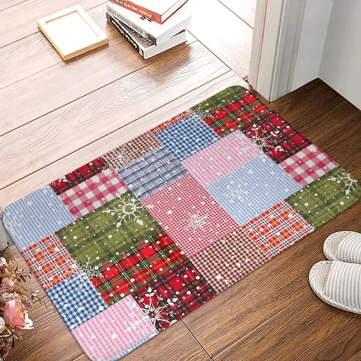 Non-slip Doormat Christmas Checkered Pattern Carpet Bath Bedroom Mat Welcome Indoor Decorative