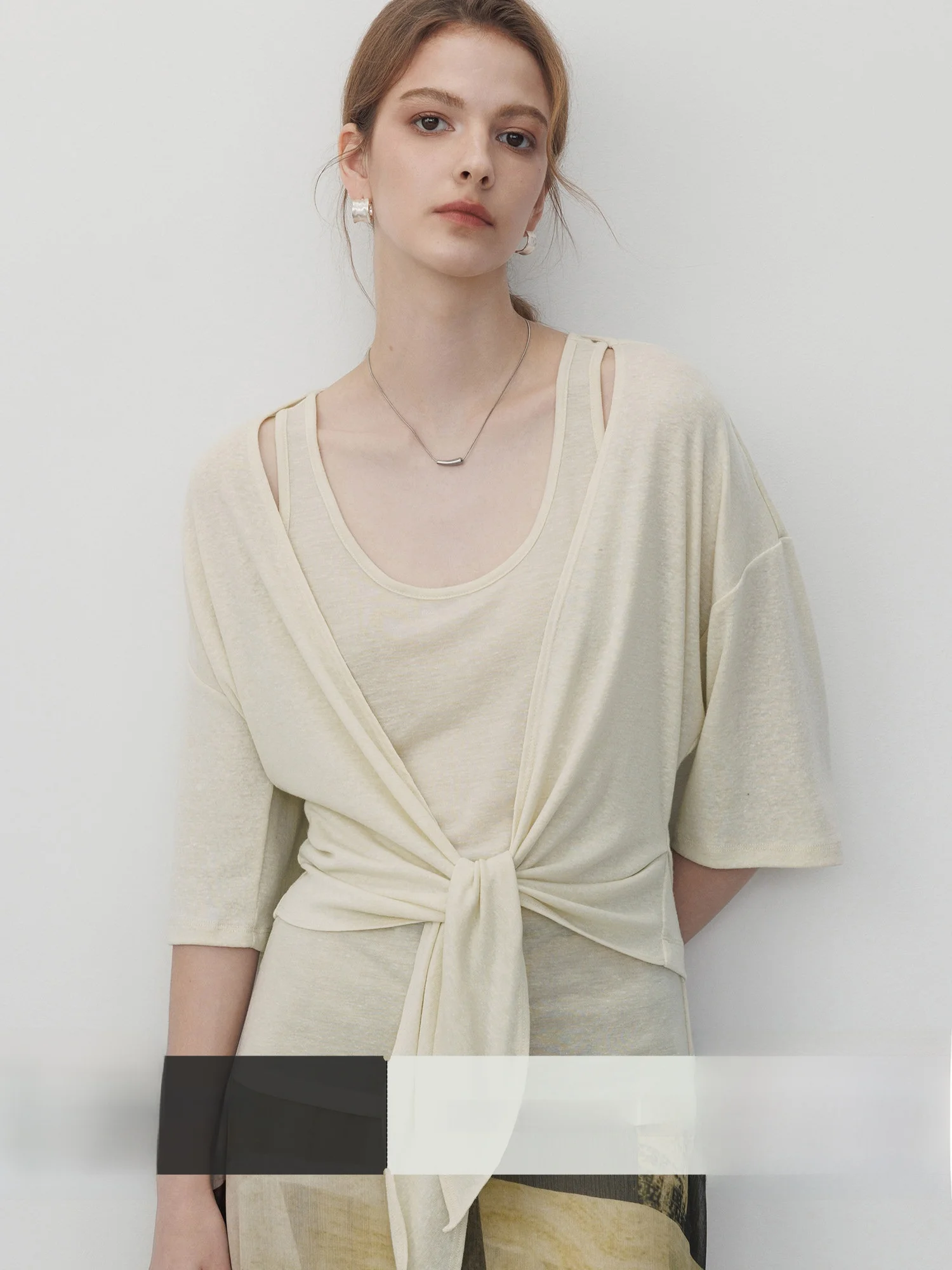 

Linen Bamboo Leaf Pattern Open Cardigan Vest Set Women's Casual Breathable Summer Top Wear Polyester Blend Spring Knitted U-Neck