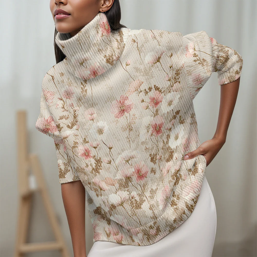 Lichtgekleurde bloemenelementen Coltrui Trui met lange mouwen Casual damestrui met fris blad- en bloemenpatroon