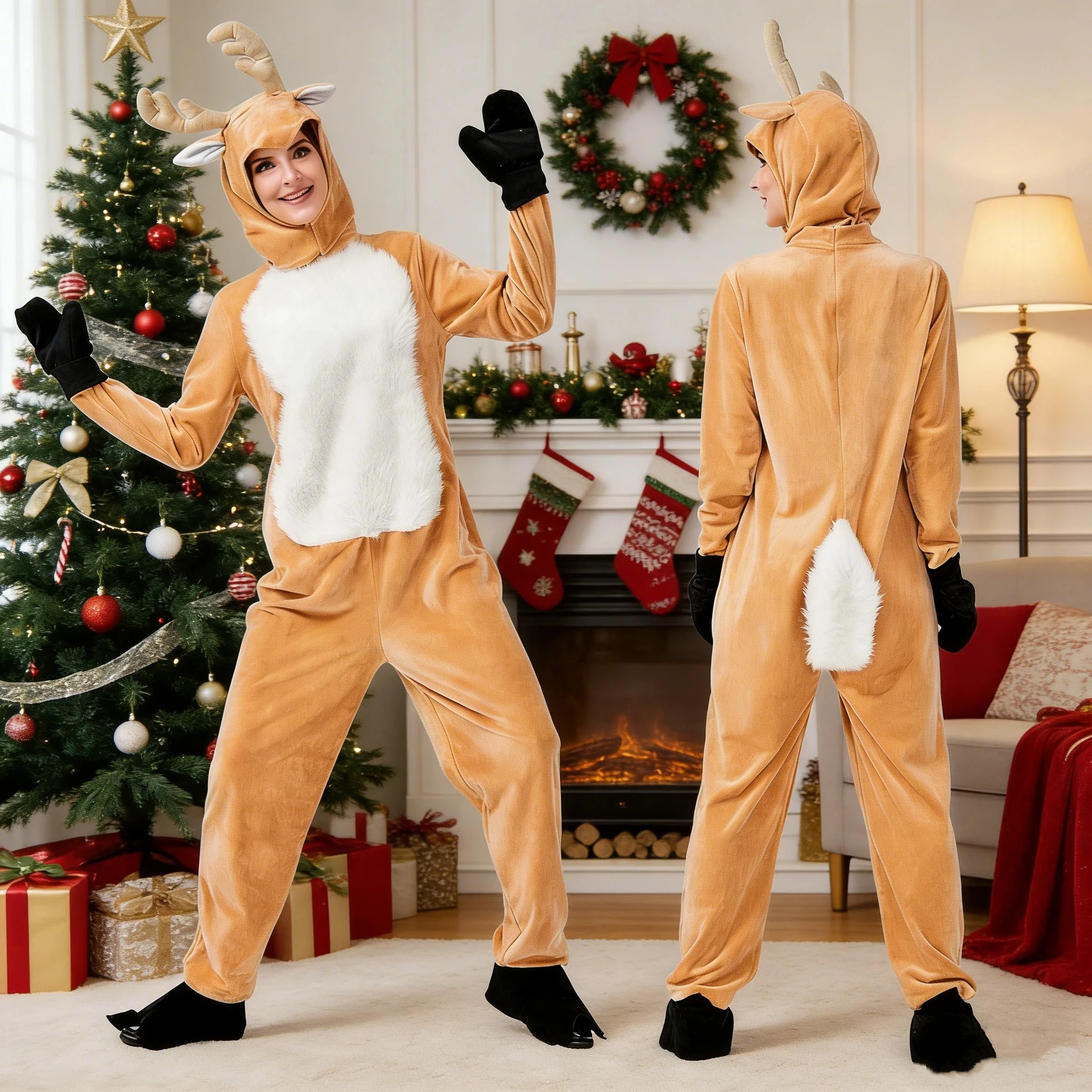 

Xmas Reindeer Family Parent Enfant Fancy Jumpsuit Christmas New Year Carnival Party Velvet Elk Deer Santa Claus Cosplay Costume