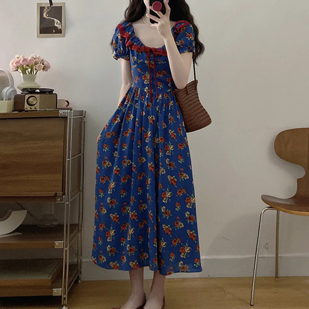 French Retro Ruffled Collar Floral Blue Patchwork Dress For Women Slim-fit Pastoral Fairy Tea Party Dress Oversize For Summer