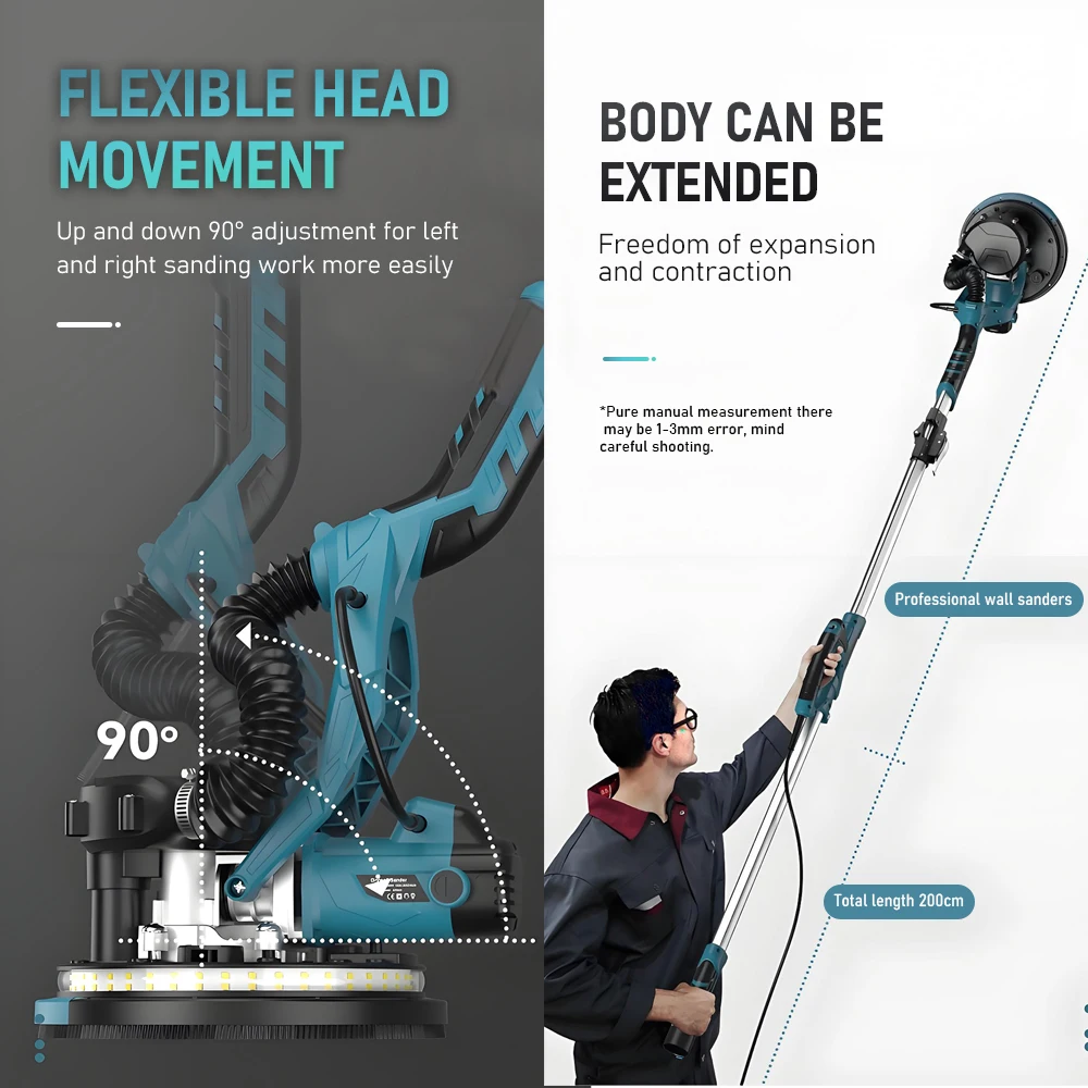 9 Inch Folding Electric Wall Sander Wall Putty Sander Machine Self-absorbing Dust Double Lamp Long Pole Wall Grinder