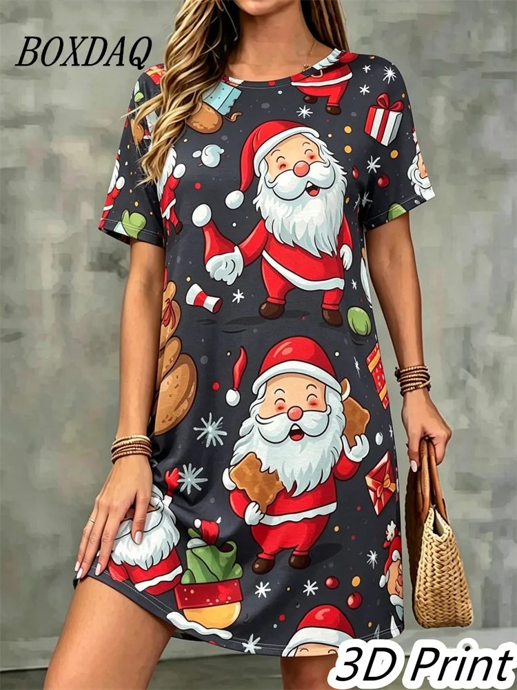 Fashion Christmas Party Women Dress Funny Cute Santa Claus Print Short Sleeve Loose Dress Casual Ladies Portrait Pattern Clothes