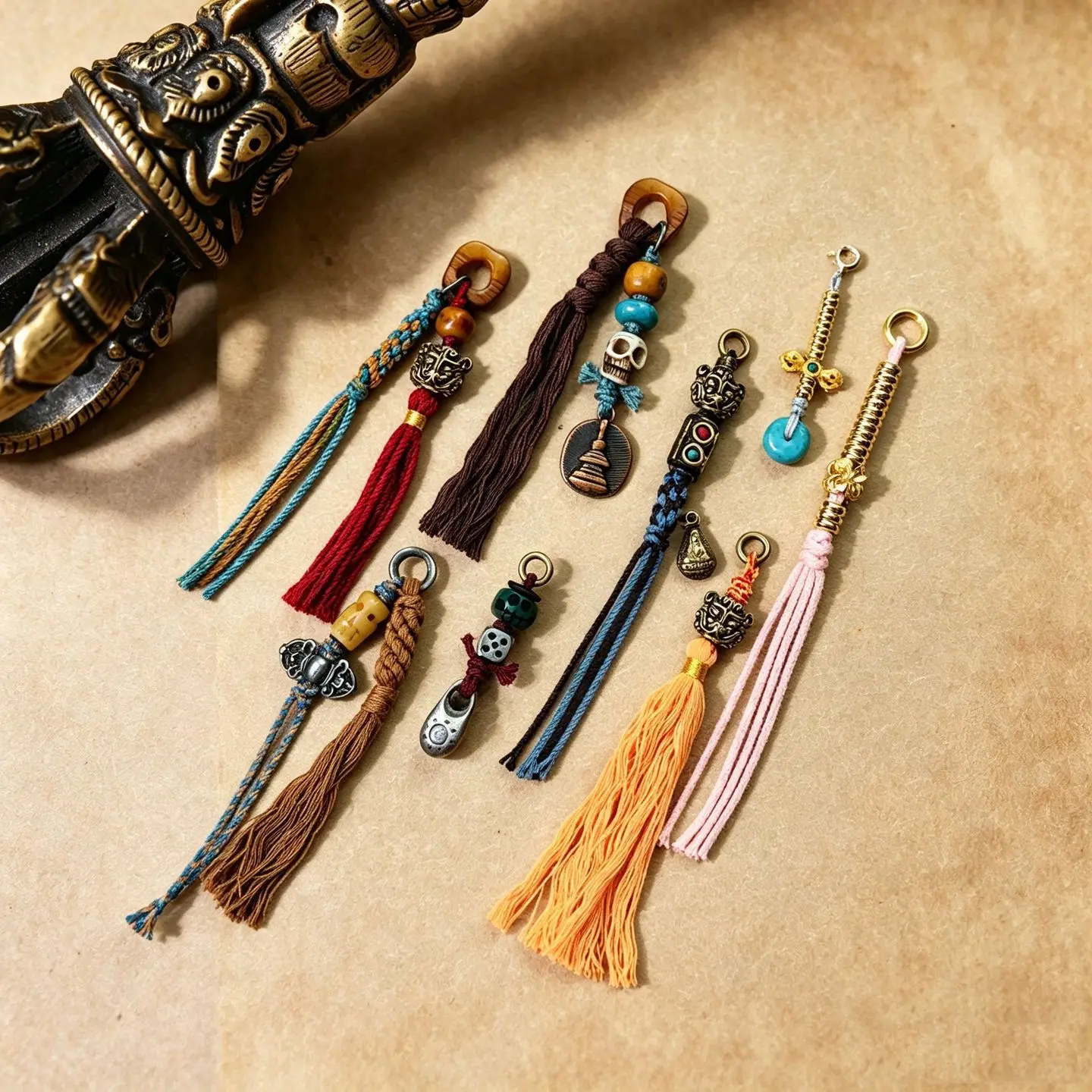 Handmade Tibetan Style Side Pendant, Ox Bone Turquoise Walnut Tibetan Silver Tassel Charm Keychain Phone Pendant