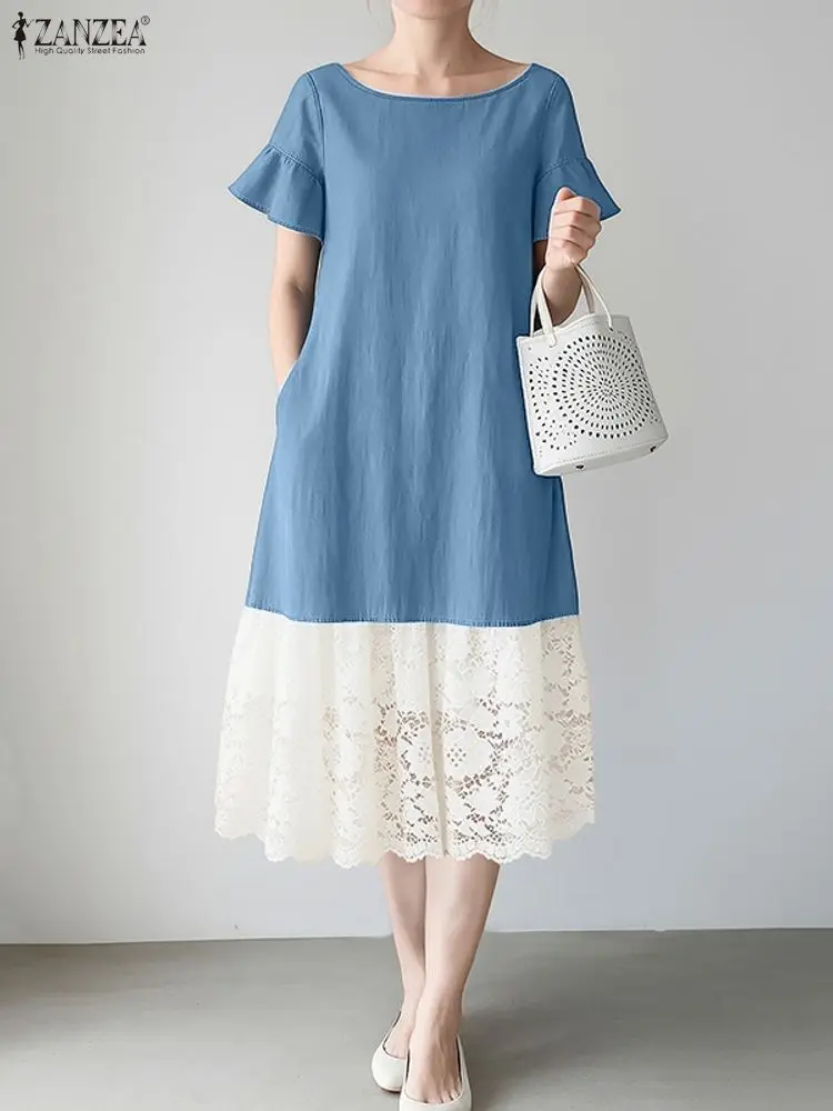 

ZANZEA Lace Dress Women Summer Sundress Fashion Solid Short Seeve Patchwork Denim Vestidos 2025 Casual Loose O Neck Robe Femme