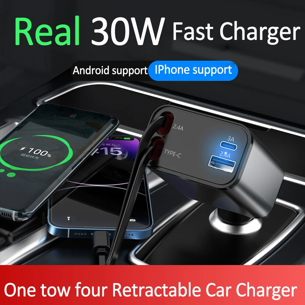 120W Fast Car Charger, 4 in 1 Retractable Charge Car Phone Charger Adapter, Retractable Cables(2.6ft) USB-C and 2 USB Ports