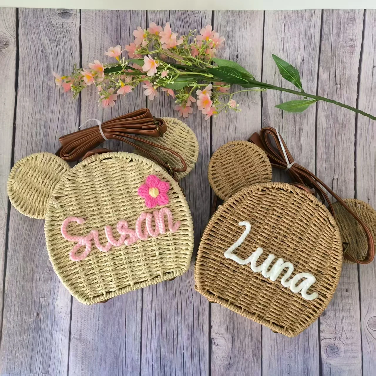 

Personalized Name Ladies Designer Straw Fancy Bag Cute Handbag Rattan Travel Leisure Vacation Small Round Beach Shoulder Bag