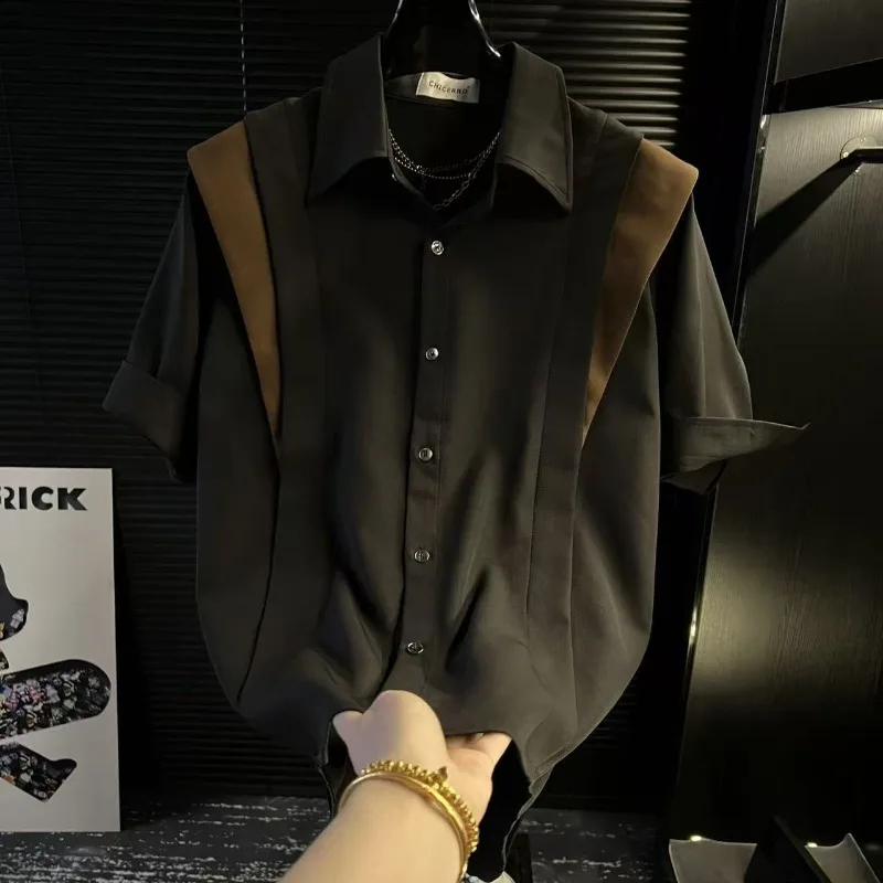 Men's Trendy Casual Fashion Simple Splicing Contrasting Shirt Summer New Handsome High-end Loose Short-sleeved Shirt