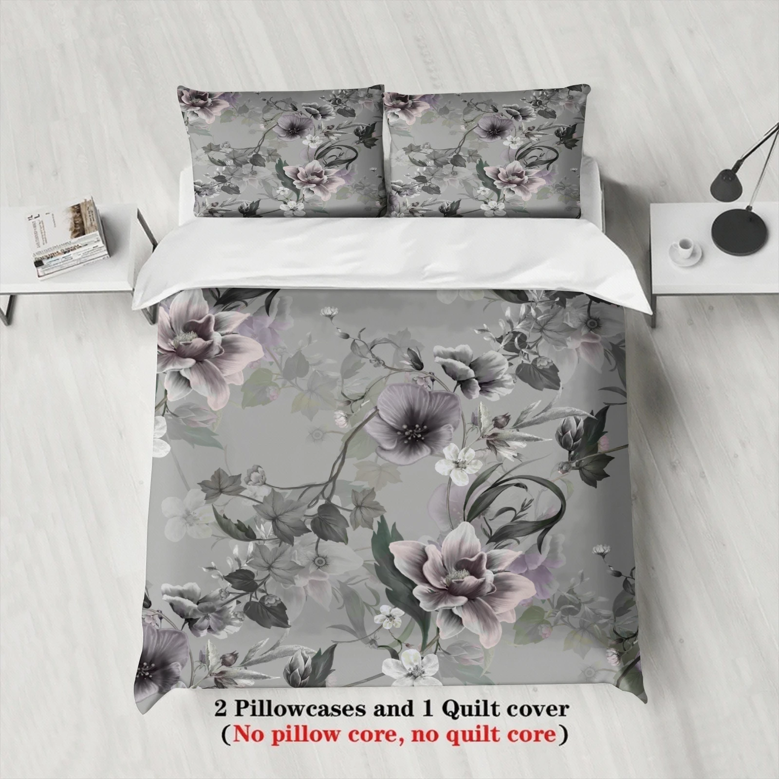 Vintage Floral Duvet Cover Set Gray Purple Watercolor Flower Bedding Set For Shabby Chic Bedroom Twin Queen King Size For Women