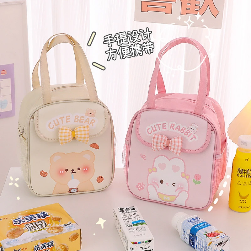 Leuke Draagbare Lunchbox Voor Kinderen Roze Boog Bunny Thermische Geïsoleerde Lunch Bag Bento Pouch Kawaii Container School Voedsel Opslag tas