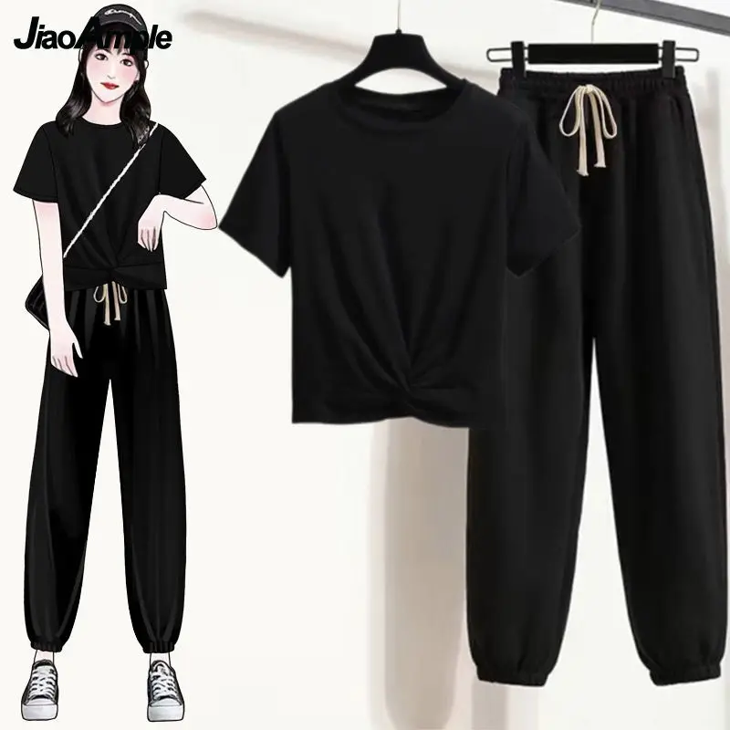 Women's Summer Tracksuit 2024 New Fashion Irregular Hem Knotted Short Sleeve T-Shirt + Pants 2 Piece Korean Elegant Top Trouser