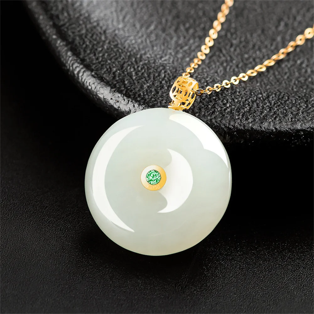 18K Gold Natural White HeTian Jade Round Harmony Buckle Fortune Pendant Amulet Chain Necklace Certificate Luxury Jade Jewelry