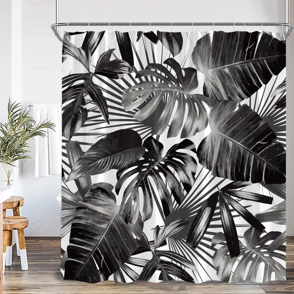 

Black Monstera Nordic Shower Curtain Green Palm Banana Leaf Minimalist Bathtub Curtain with Hook Modern Home Decor for Bathroom