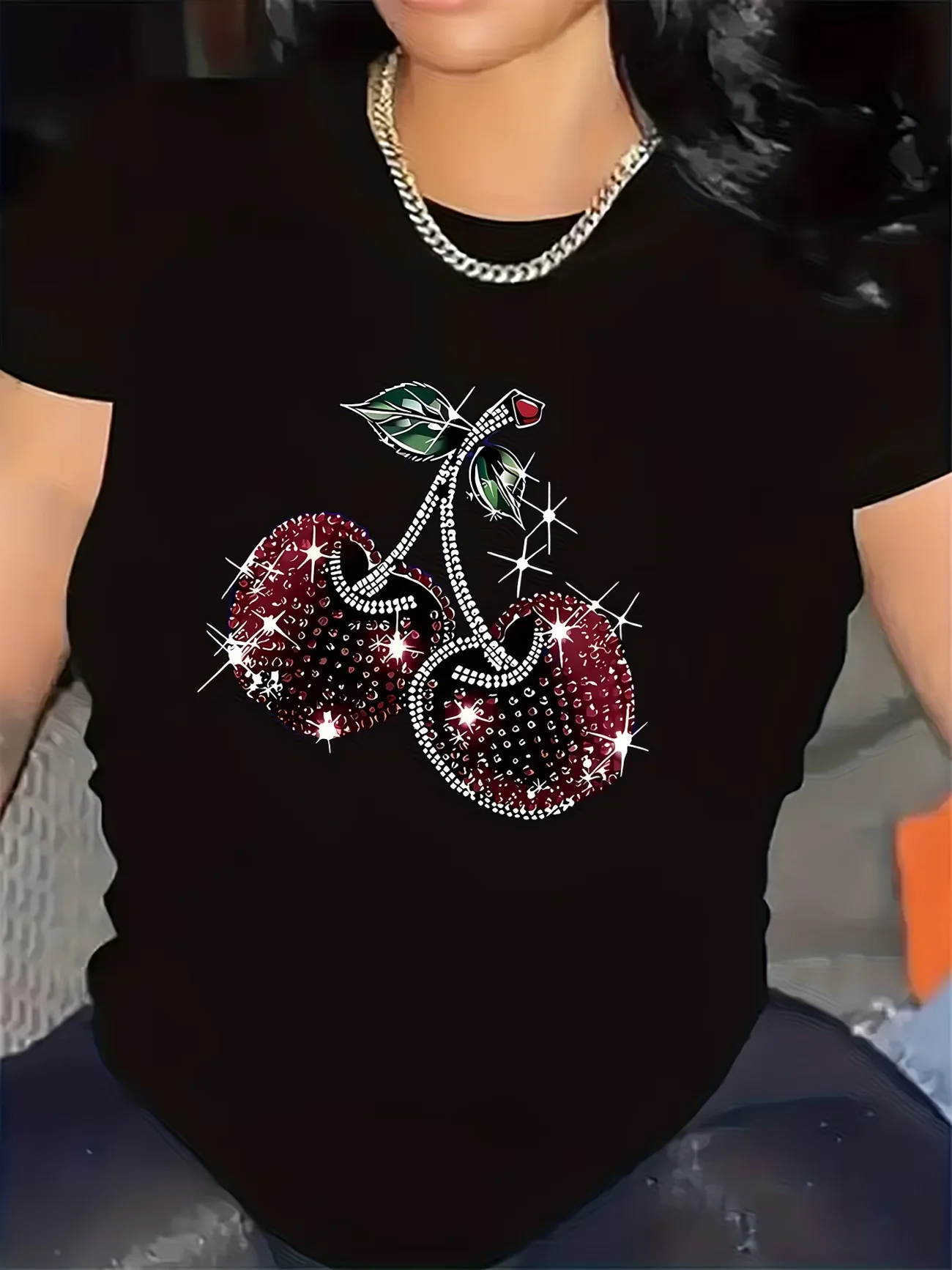 Short Sleeve T-Shirt with Sparkling Cherry DesignRound Neck Short Slee Top Tee  for Casual Dining and Everyday Use