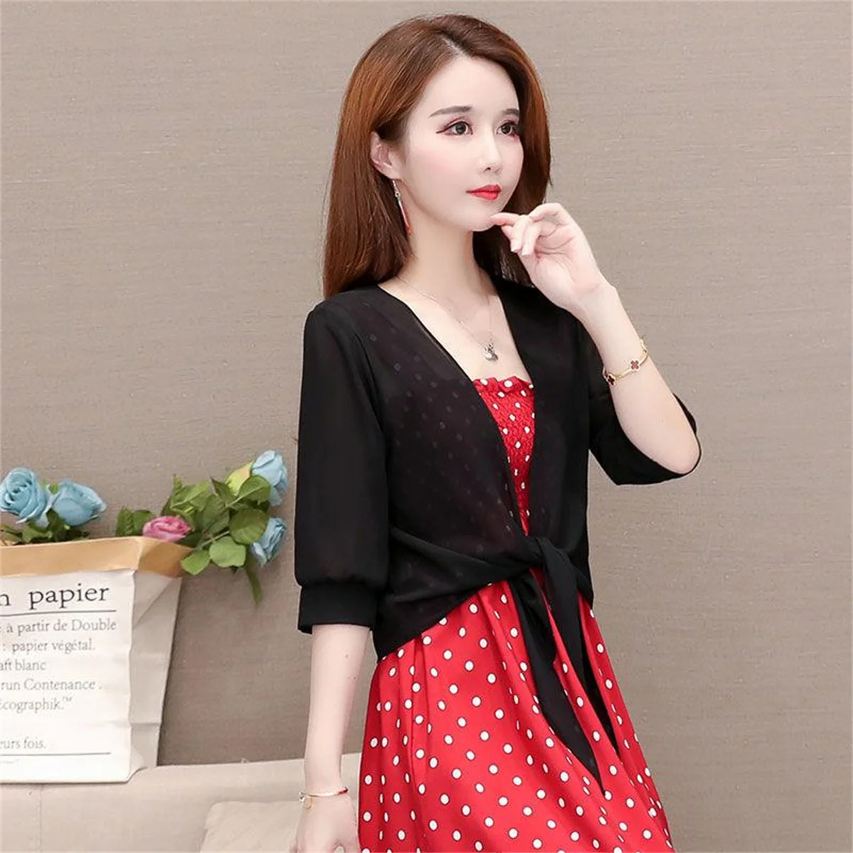 【Only Top】Fashion Thin Chiffon Cardigan Half Sleeve, Solid Color Sun Cape Thin Soft Fabric (No Dress)