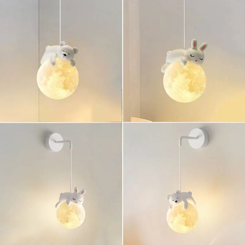 Lampa niedźwiedź lampka nocna do pokoju dziecięcego lampka wisząca z nadruk z księżycem 3D lampa nocna z białym królikiem z motywem zwierząt wiszący G9