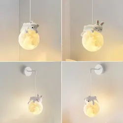 Bear Lamp Children's Room Bedside Pendant Lamps with 3D Printing Moon Lampshade White Rabbit Night Light Animal Hanging Lamp G9