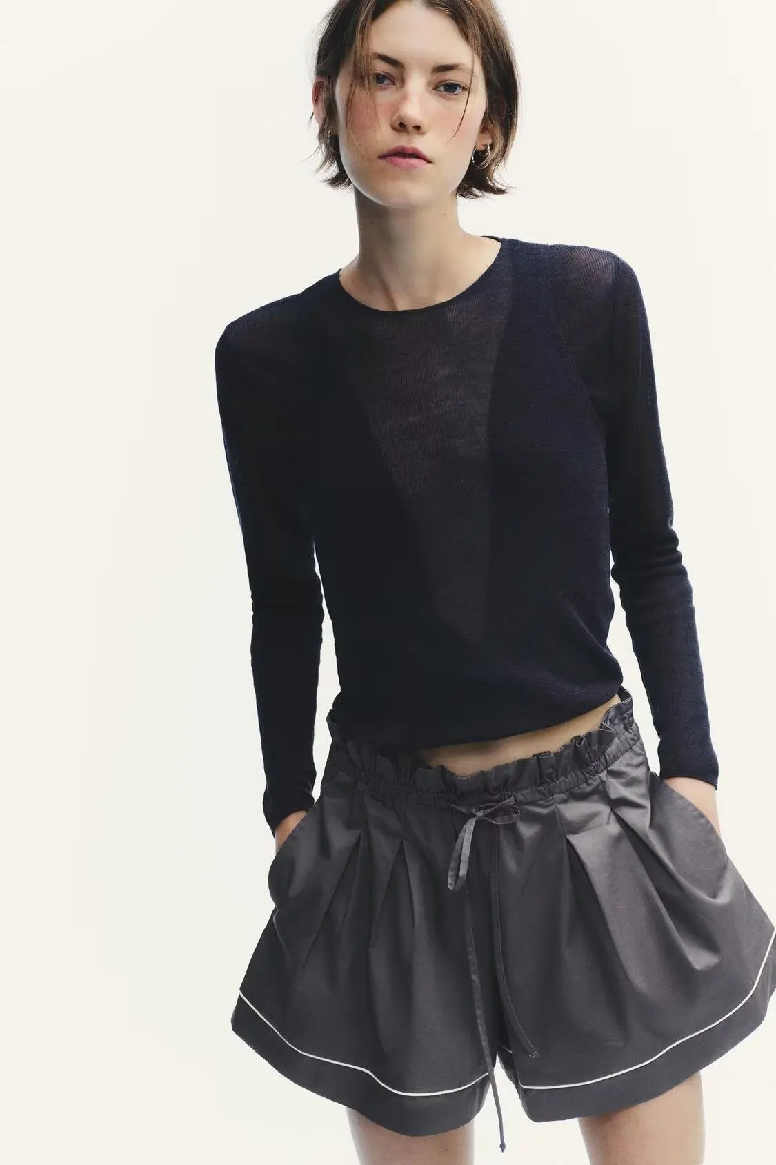 BB6748 2025 Autumn New Women's Clothing European and American Style Versatile Loose Edging Poplin Shirt Mid Waist Shorts 5063119