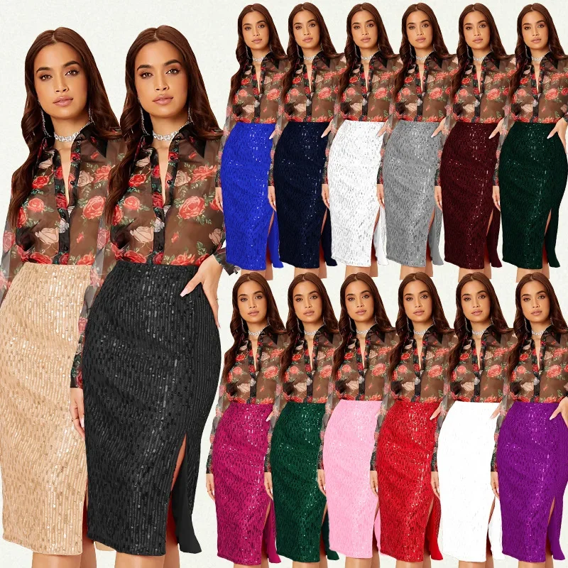 Short Skirt Spice Girl Medium And Long Black Temperament Slim-fitting Hip Skirt Slit Sequined Skirt Women's Spring And Sum