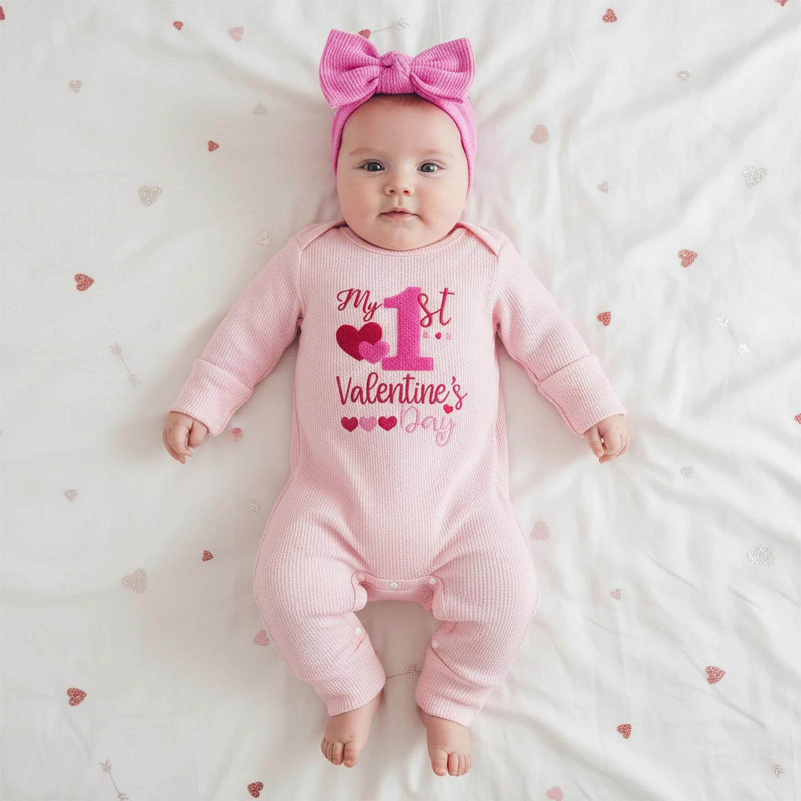 Baby Girls First Valentines Romper Cute Letters Heart Embroidery Long Sleeve Jumpsuit with Headband