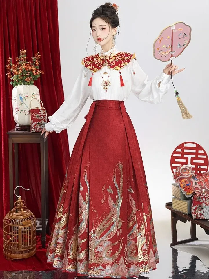 Vintage Hanfu Horse Face Skirt Red Women Chinese Traditional Wedding Toast Engagement Dress 2pcs Shirt Pleats Skirt Set Mamian