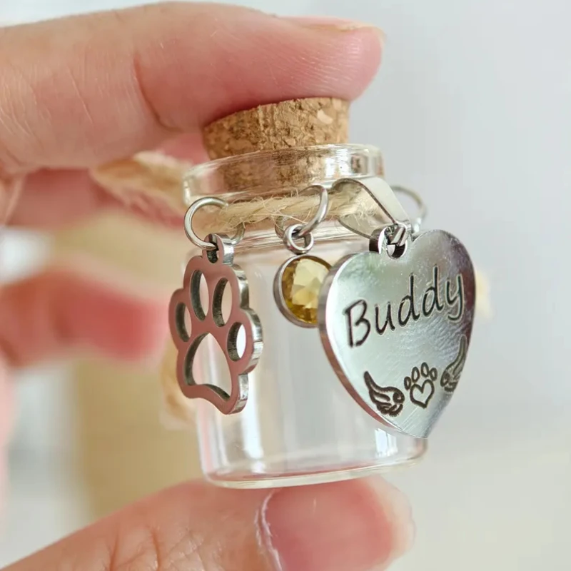 تخصيص الزجاج المحفور زجاجة الحيوانات الأليفة الشعر تذكارية عيد ميلاد حجر الحب قلادة يمكن شغلها مع شعر الحيوانات الأليفة والأسنان والرماد