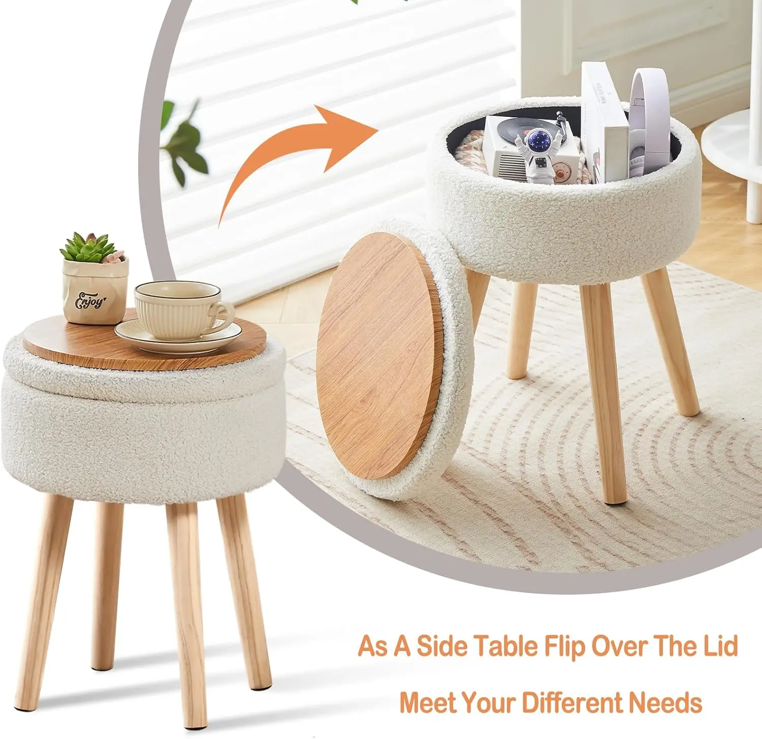 

Mxfurhawa Storage Ottoman Foot Stool Teddy Velvet Round Vanity Stool Tray Top Footstool With Wood Legs Upholstered Foot Rest