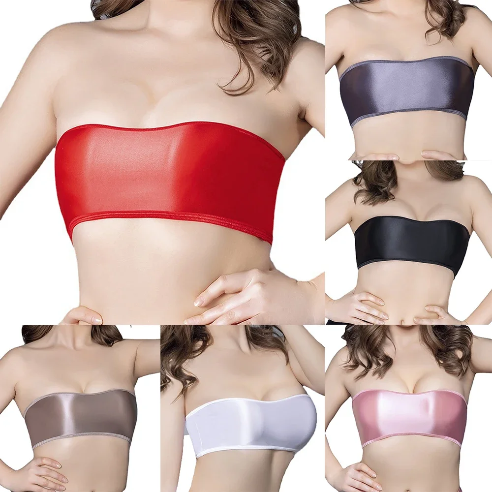 Top Women's Strapless Elastic Oily Gloss Underwear Tube Tops Solid Color Basic Stretch Bra Crop Top Tight Woman Female Clothing