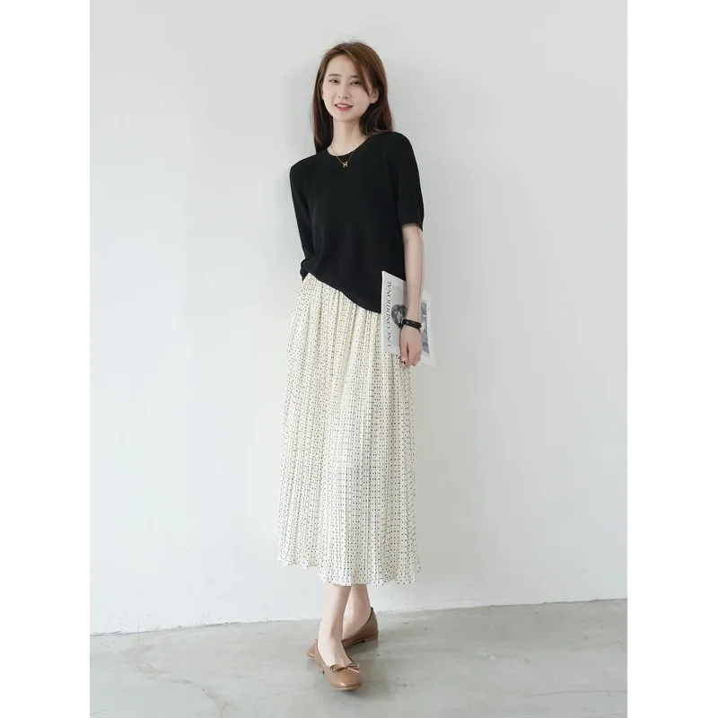 Women's Beige Polka Dot Pleated Midi Skirt Elastic Waist Lightweight Chiffon Casual Office Long Skirt