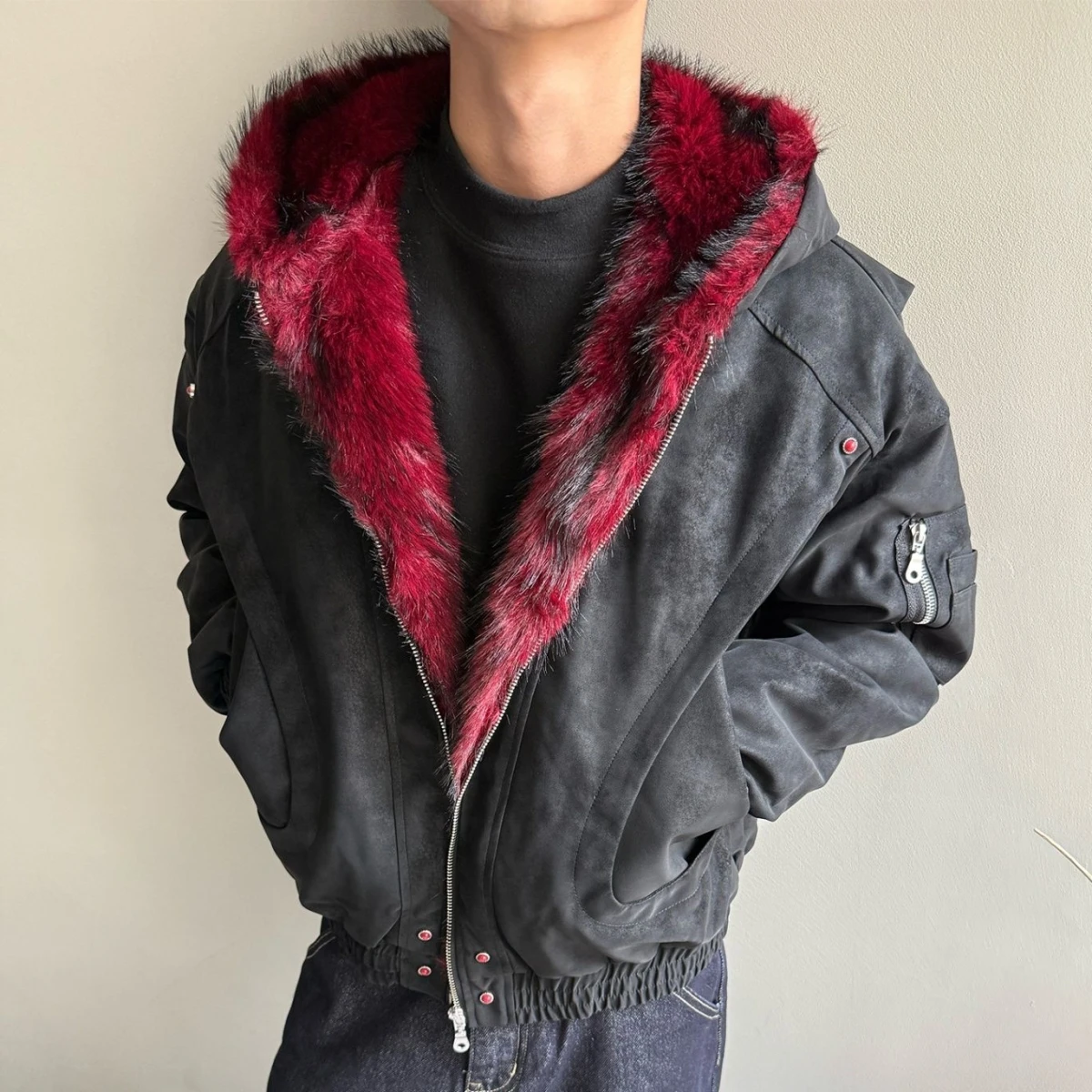 

Retro American Color Blo Hooded Cotton Jaet Men's Winter Warmth Outerwear Fur Collar Mountain Eagle Design Polyester Fiber