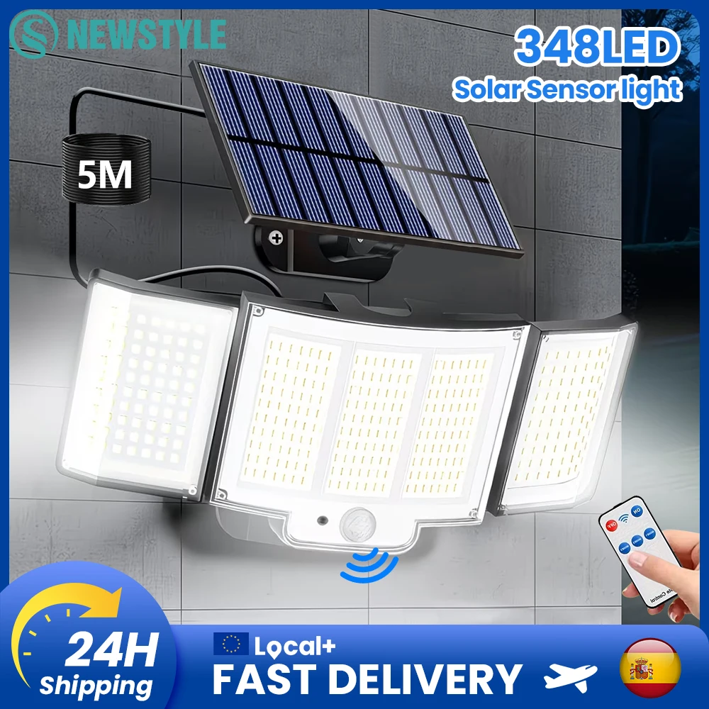1–2 Stück Solar-Sicherheitsleuchte, IP65, wasserdicht, für den Außenbereich, 348 LED-Wandflutlicht, 3 Modi, Bewegungssensor, solarbetriebene Flutlichter mit Fernbedienung