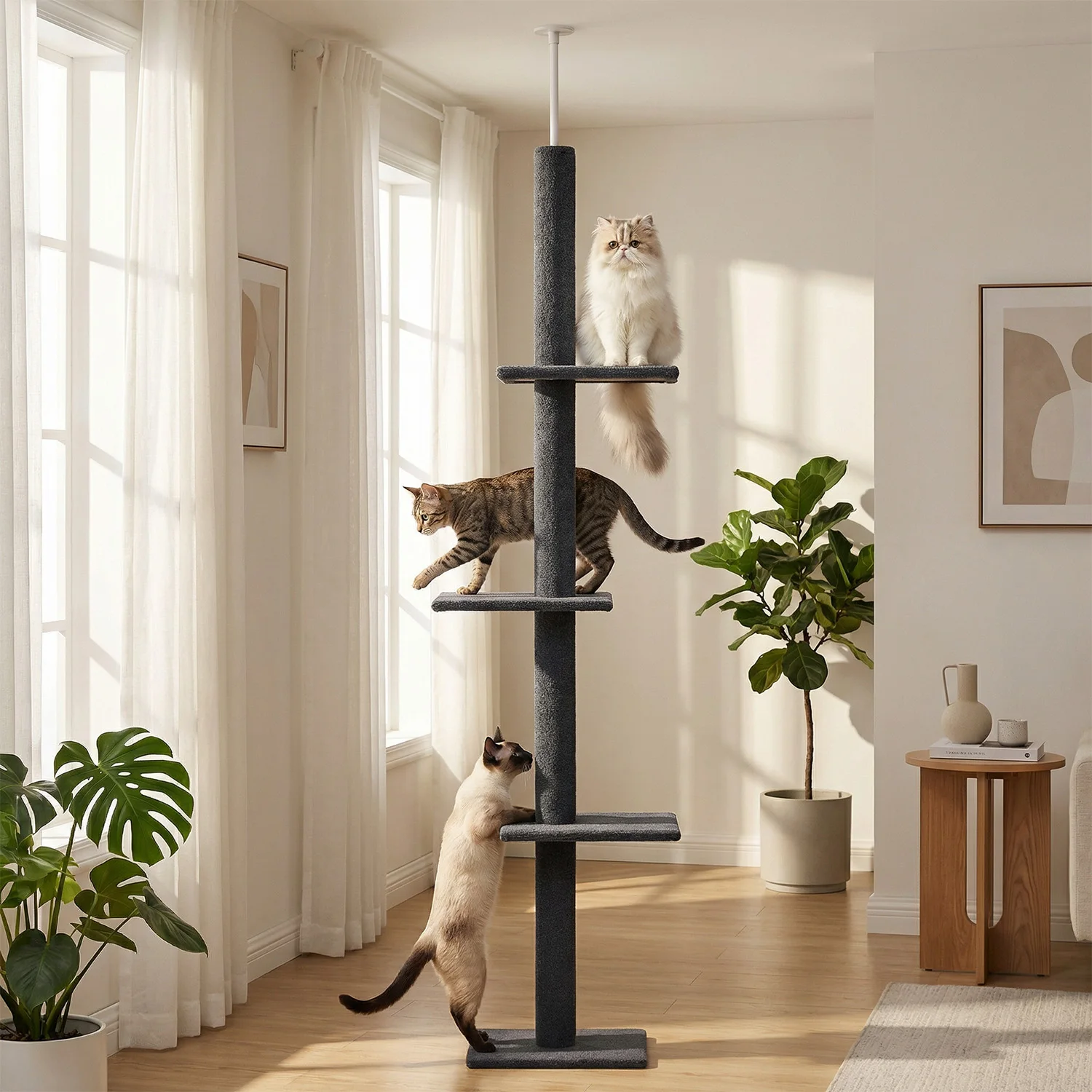 Hoher 228-273cm Höhenverstellbarer Katzenbaum, Boden-bis-Decke Katzenturm mit 4 Kratzstämmen, 3 Wohnplattformen, Katzenzubehör