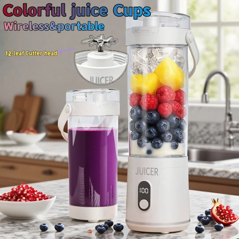 

Portable Juicer Cup 600ML 12 Blades for Shakes Smoothies Rechargeable USB Traveling Fruit Juicer Double Cup Fruit Blender