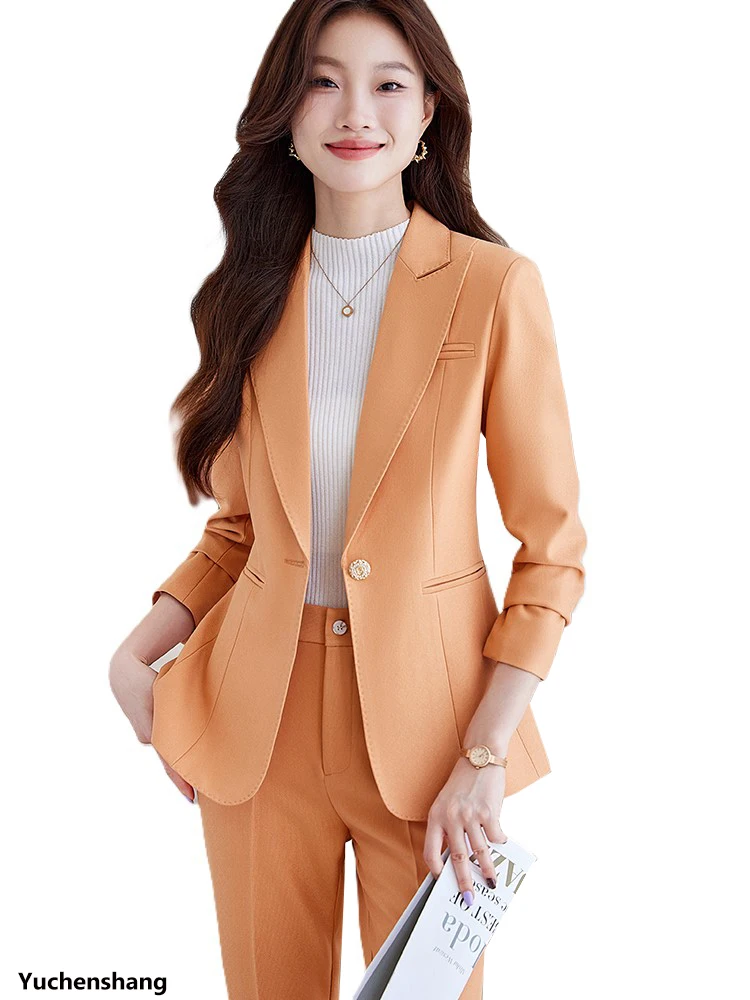 

Pink Orange Gray Women Pant Suit Formal 2 Piece Set Ladies Female Business Work Blazer Jacket And Trouser