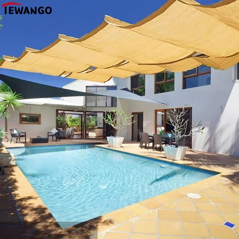 UV ブロックウェーブサンシェードセイルガーデンパーゴラシェーディングネット車の小屋格納式キャノピースイミングプールスライド伸縮式日よけ