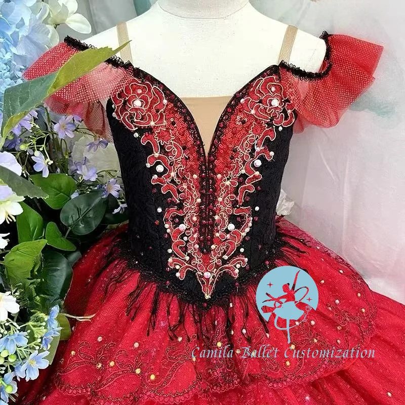 

New Tailored Black and Red Don Quixote Ballet Competition Performance Long Dresses for Adults and Children