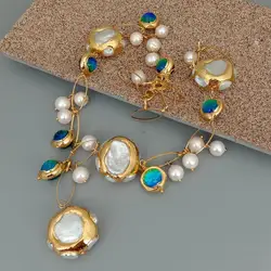 YYGEM hot sale ! Blue Murano Glass 10-11mm  Freshwater Cultured 27mm White Keshi Pearl Gold Filled Chain Necklace 21