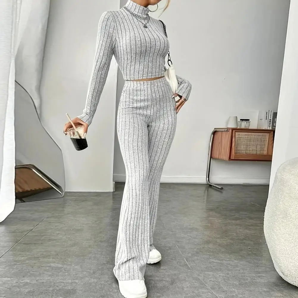 Solid 2 Pcs Sets Women Tracksuit Long Sleeve Half-high Collar Jackets Crop Top Flare Pants Stretchy Suit Striped Trousers Sport