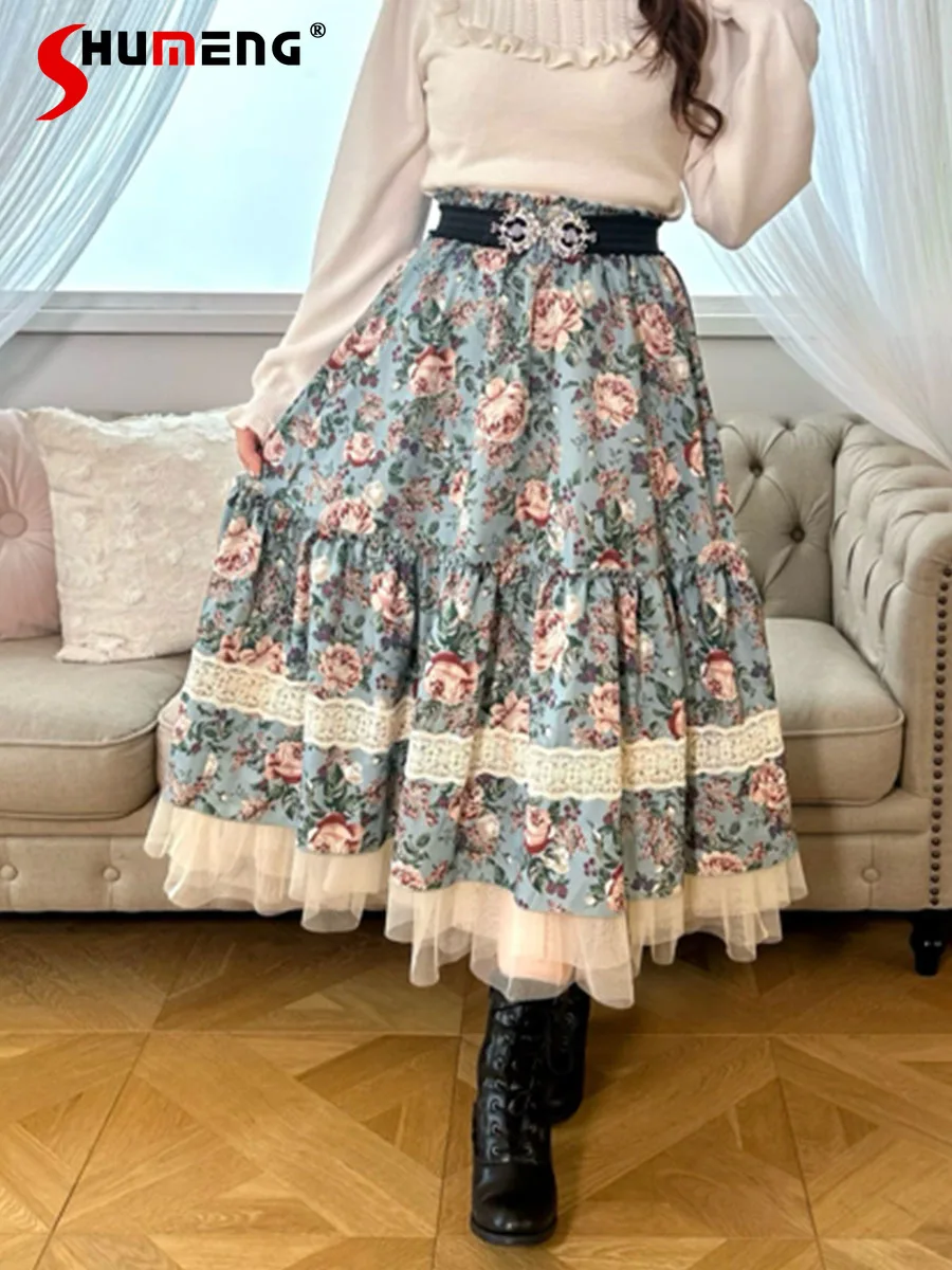 Vintage Woman Rose Flowers Print Lace Mesh Midi Skirt 2024 Elegant Natural Waist Patchwork Ruffled Mid-length Skirts for Women