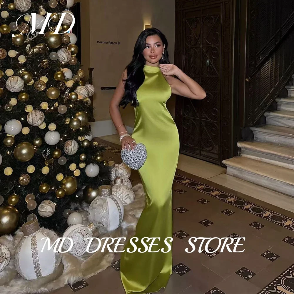 MD Modern Green Mermaid Evening Gown High Neck Silk Pleat Backless Prom Down Dubai Arabic Women Formal Dress customised 2025