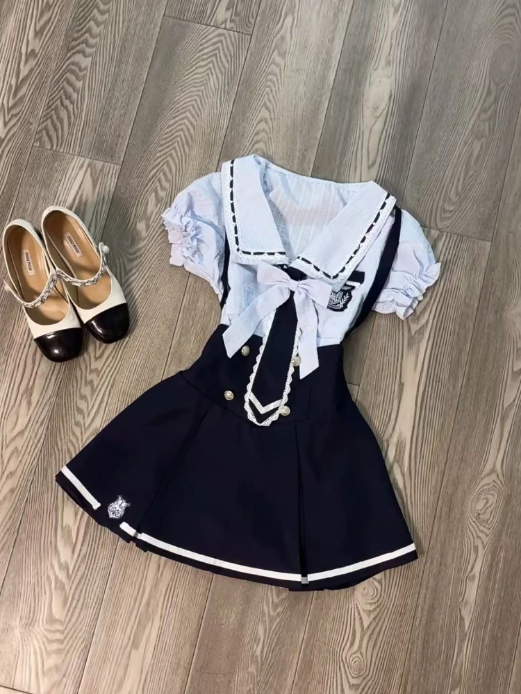 Summer Korean Sweet College Style JK Suit Bubble Sleeves Slim Shirt High Waist Fluffy Skirt New Design Fashion Harajuku Outfit