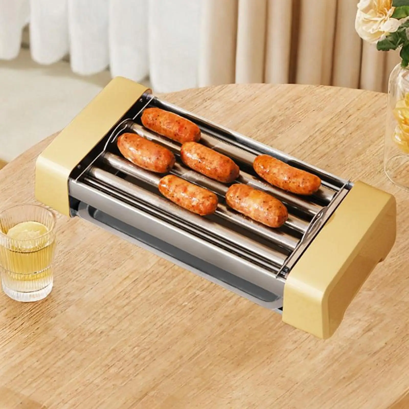 Hot Dog Rollers Grill Mesh Sausage Grill Cooker Machine Detachable Drip Tray 5 Rollers 15 Hot Dog for Egg Rolls Parties Camping