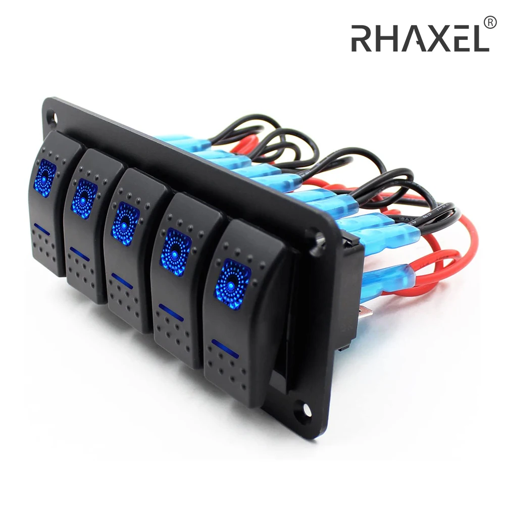 RHAXEL 5 Gang Rocker Switch Panel Overheat Protection Dash ON/Off Toggle Panel for Car Boat Waterproof Truck