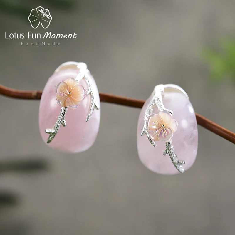 

Lotus Fun Moment Real 925 Sterling Silver Natural Rosy Crystal Handmade Fine Jewelry Plum Flower Stud Earrings for Women