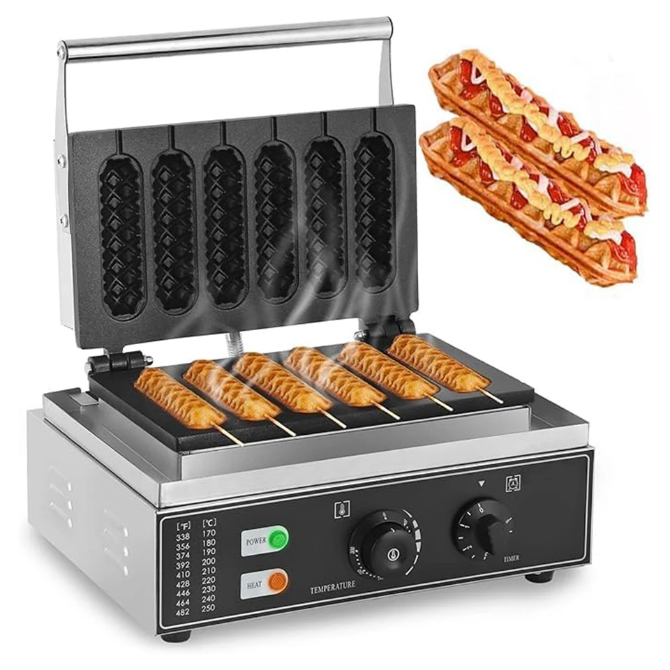 DS119 Commercial French Hot Dog Waffle Maker Iron Machine,Electric Nonstick Corn Dog Maker, 6 PCS Hotdog Cheese Stick Press Iron